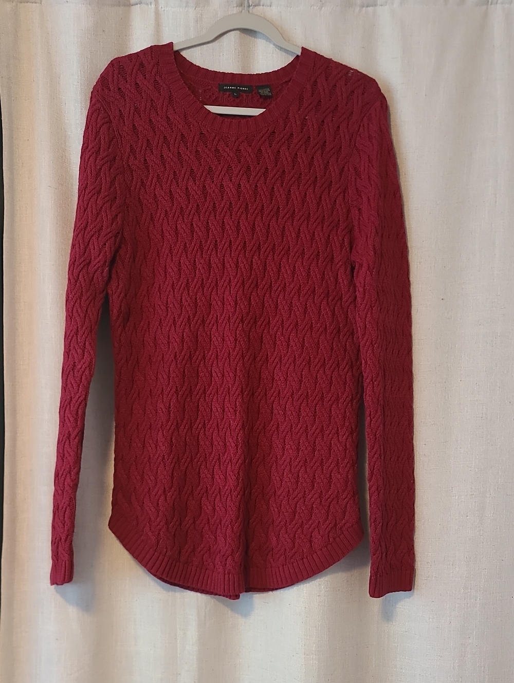 Jeanne Pierre Cotton Red Cable-Knit Crewneck Sweater